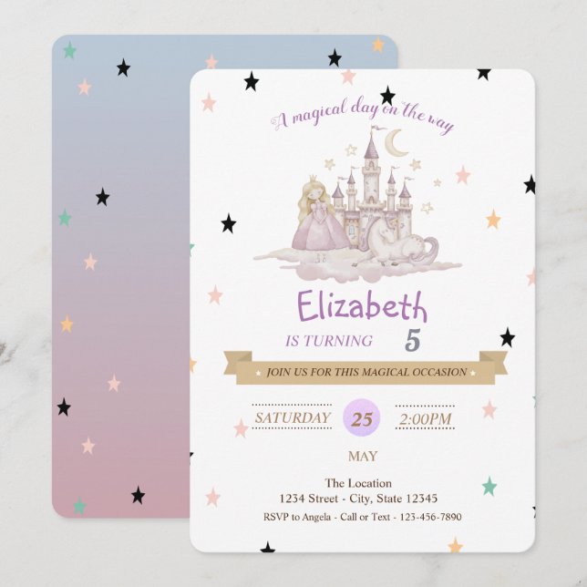 Invitación de cumpleaños del castillo de la prince (Anverso / Reverso)