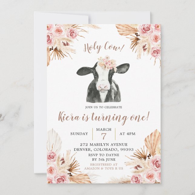 Invitación de cumpleaños del Chica Boho Holy Cow (Anverso)