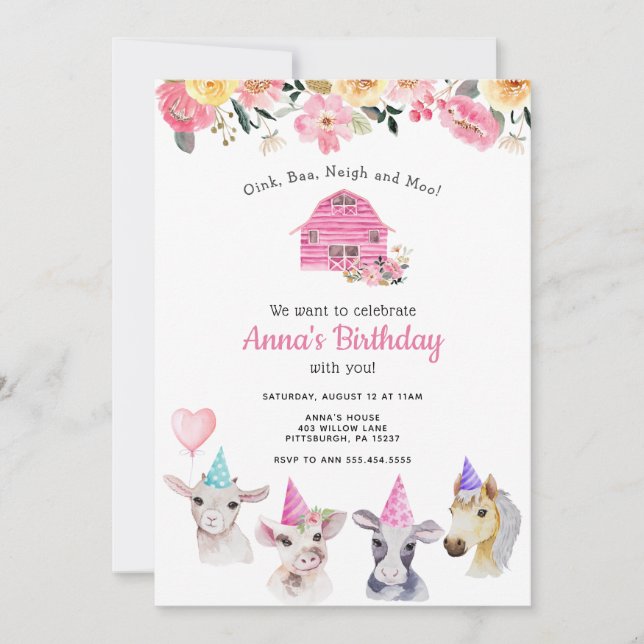 Invitación de cumpleaños del Chica de animales de  (Anverso)