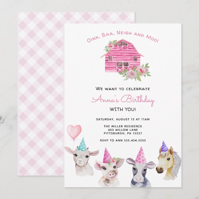 Invitación de cumpleaños del Chica de animales de  (Anverso / Reverso)