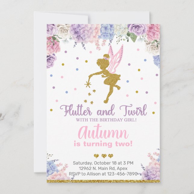 Invitación de cumpleaños del chica de hadas, flore (Anverso)