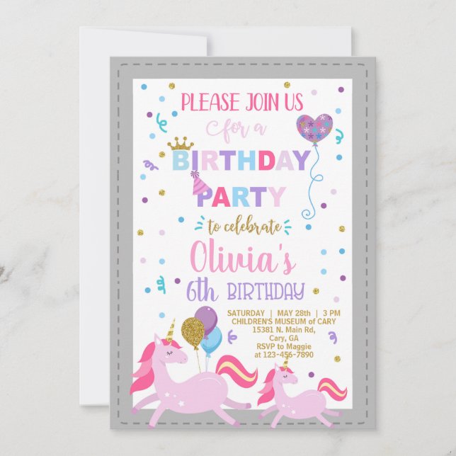 Invitación de cumpleaños del chica de la celebraci (Anverso)