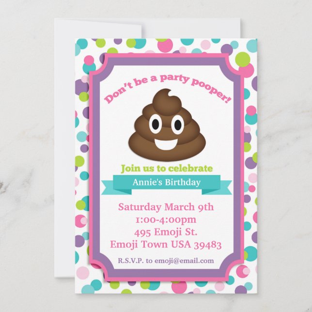 Invitación de cumpleaños del Chica de la Emoji Poo (Anverso)