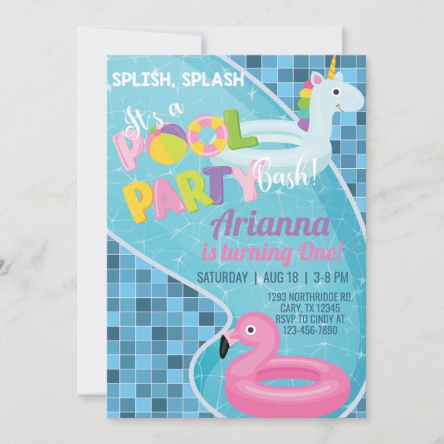 Invitación de cumpleaños del chica de la piscina,  (Anverso)