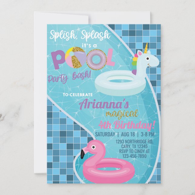 Invitación de cumpleaños del chica de la piscina,  (Anverso)