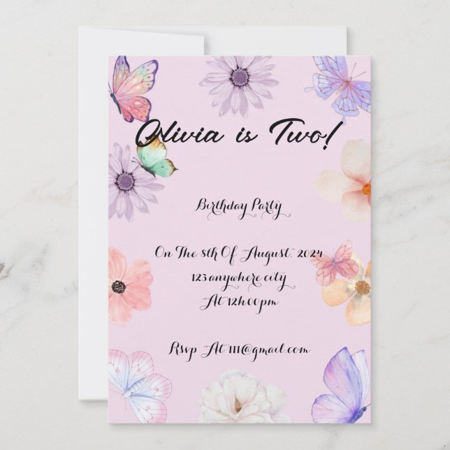 Invitación de cumpleaños del chica de mariposas fl (Anverso)