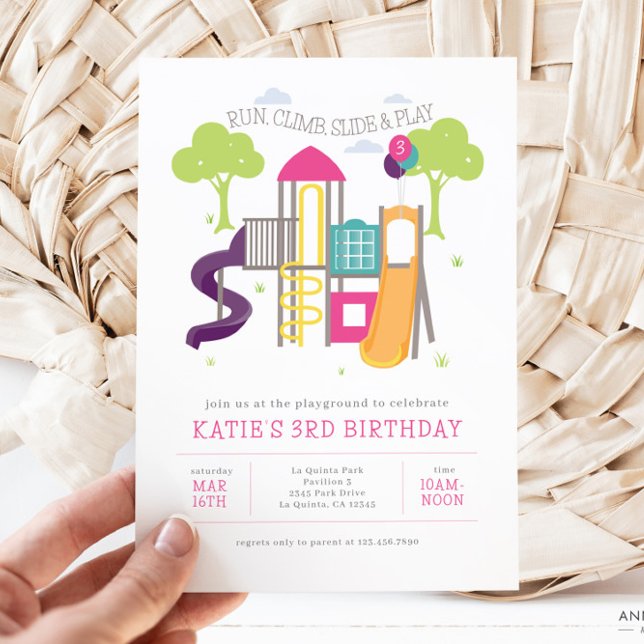 Invitación de cumpleaños del Chica de Parque de re (Playground Park Birthday Invitation for Girl)