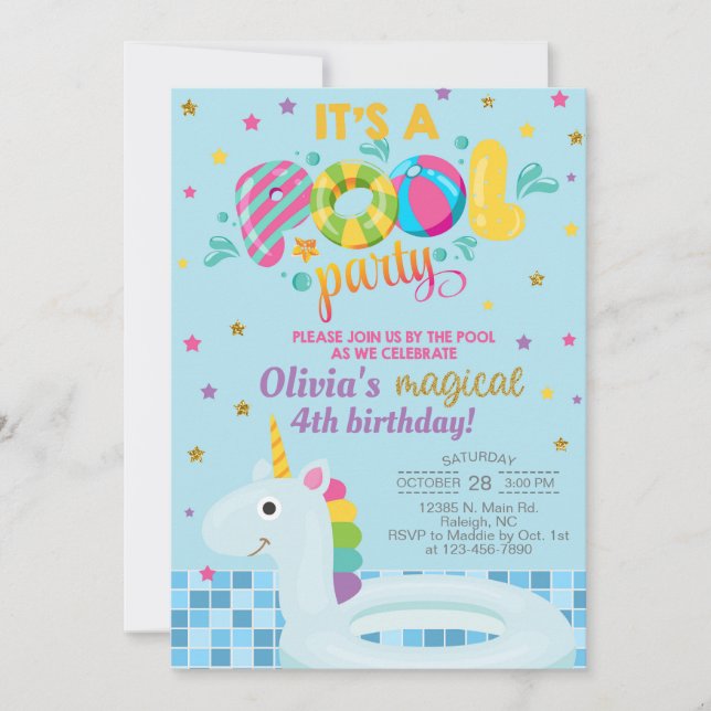 Invitación de cumpleaños del chica de piscina, inv (Anverso)