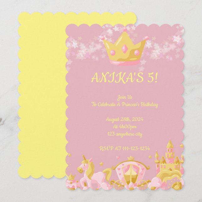 Invitación de cumpleaños del chica de princesa ros (Anverso / Reverso)