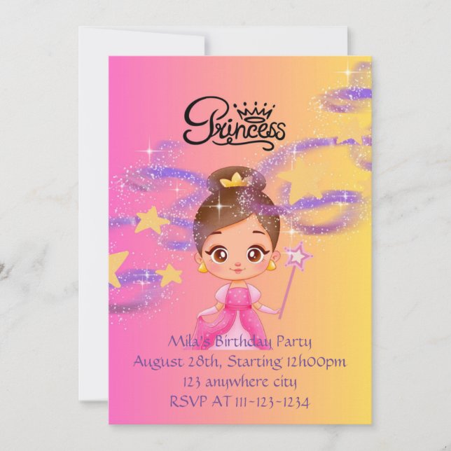 Invitación de cumpleaños del chica de princesa ros (Anverso)