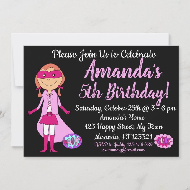 Invitación de cumpleaños del Chica de superhéroes (Anverso)