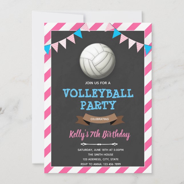 Invitación de cumpleaños del chica de voleibol (Anverso)