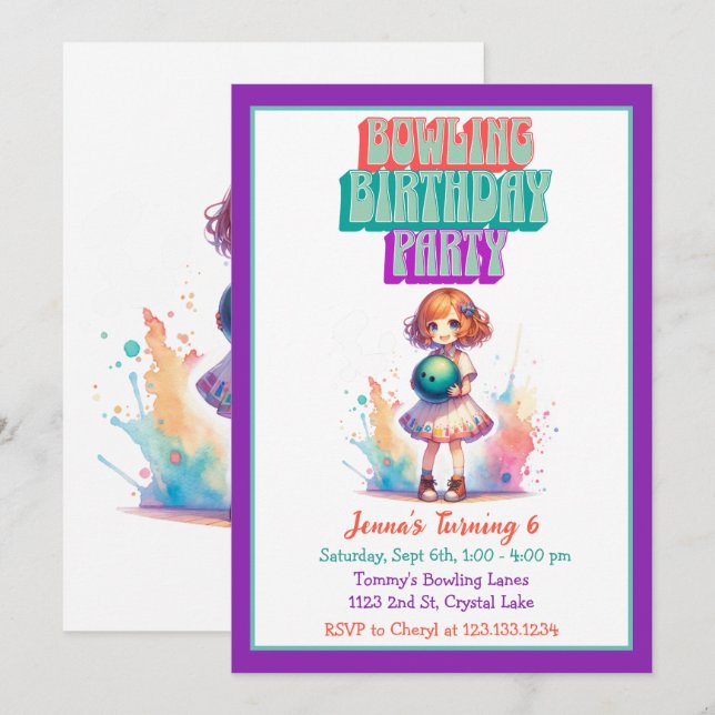 Invitación de cumpleaños del Chica del Fiesta de b (Anverso / Reverso)