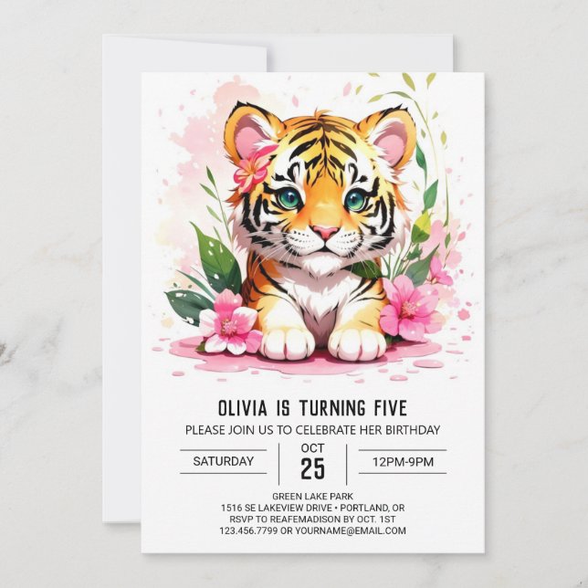 Invitación de cumpleaños del Chica del tigre de co (Anverso)