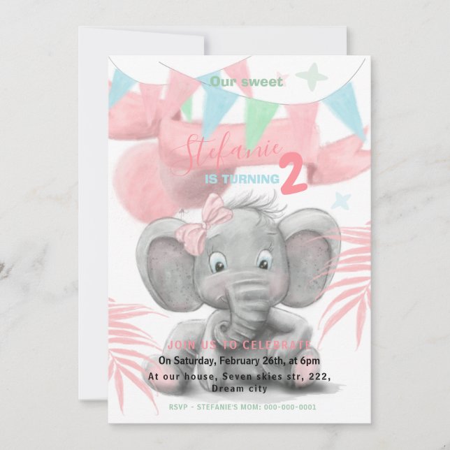 Invitación de cumpleaños del chica Elephant fiesta (Anverso)