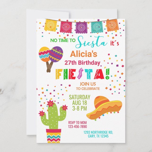 Invitación de cumpleaños del chica Fiesta, cualqui (Anverso)
