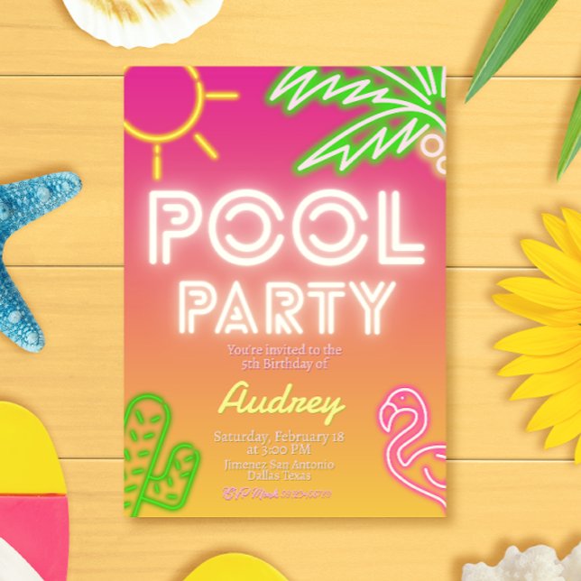 Invitación de cumpleaños del Chica Fiesta del grup (Pool Party Girl Birthday Invitation)