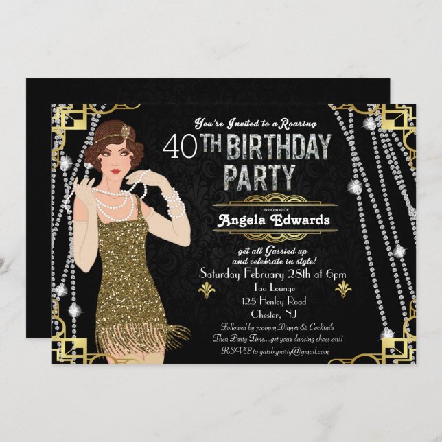 Invitación de cumpleaños del Chica Flapper (Anverso / Reverso)