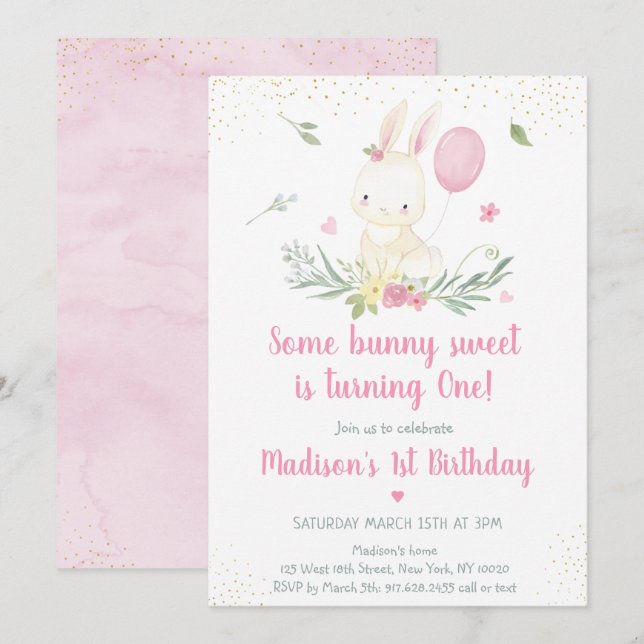 Invitación de cumpleaños del Chica Floral Bunny Pi (Anverso / Reverso)