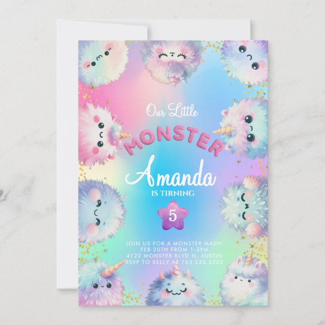 Invitación de cumpleaños del chica monstruo Fluffy (Anverso)