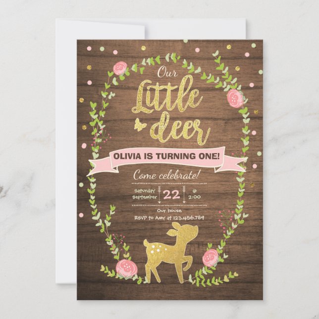 Invitación de cumpleaños del Chica Pink Gold Woodl (Anverso)