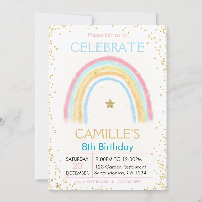 Invitación de cumpleaños del chica Pink Pastel Gol (Anverso)