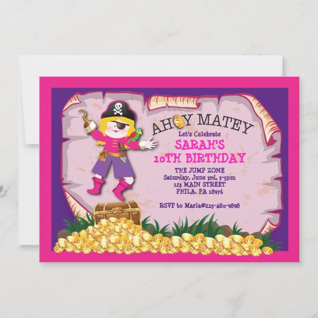 Invitación de cumpleaños del chica Pirate Treasure (Anverso)