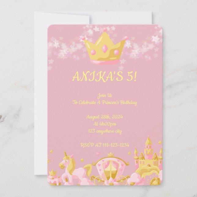 Invitación de cumpleaños del chica rosa Princesa (Anverso)