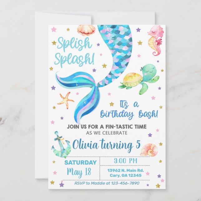 Invitación de cumpleaños del chica Sirena. (Anverso)