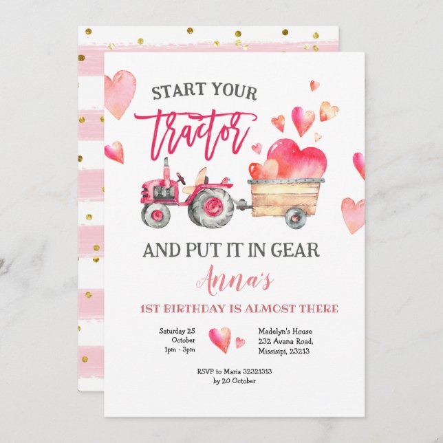 Invitación de cumpleaños del Chica Tractor Rosa (Anverso / Reverso)