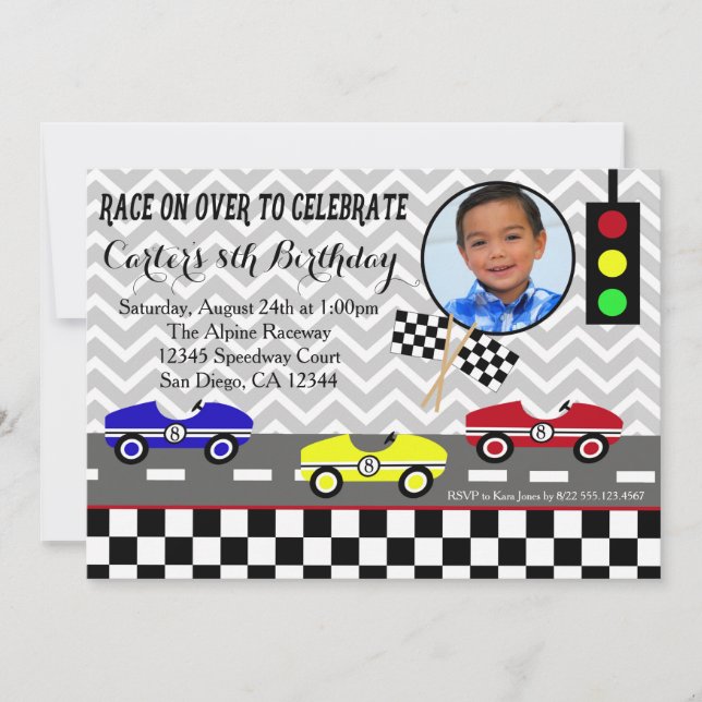 invitación de cumpleaños del chico de racecar de a (Anverso)