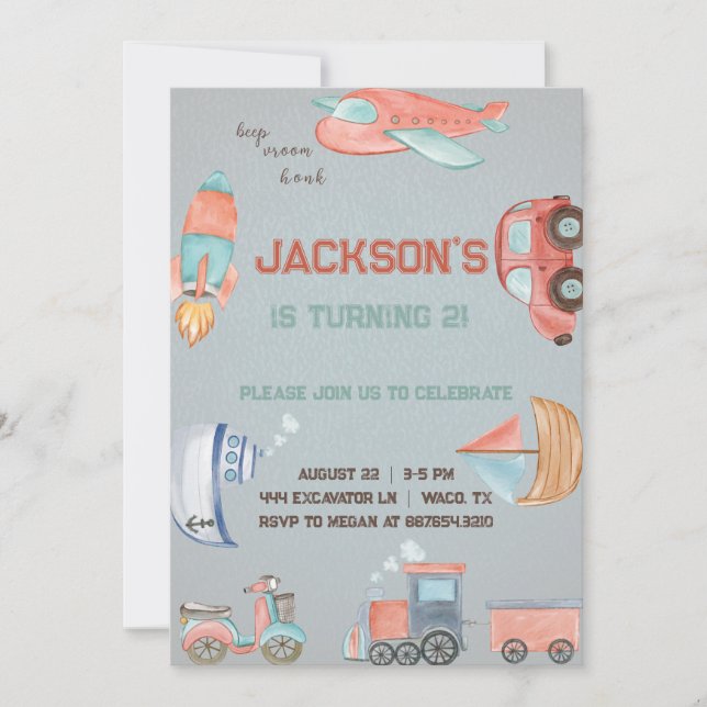 Invitación de cumpleaños del chico del transporte. (Anverso)