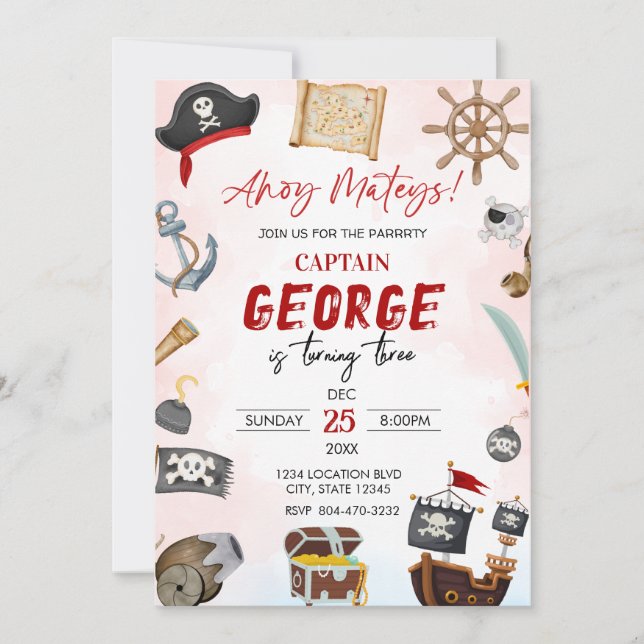 Invitación de cumpleaños del chico pirata Ahoy mat (Anverso)