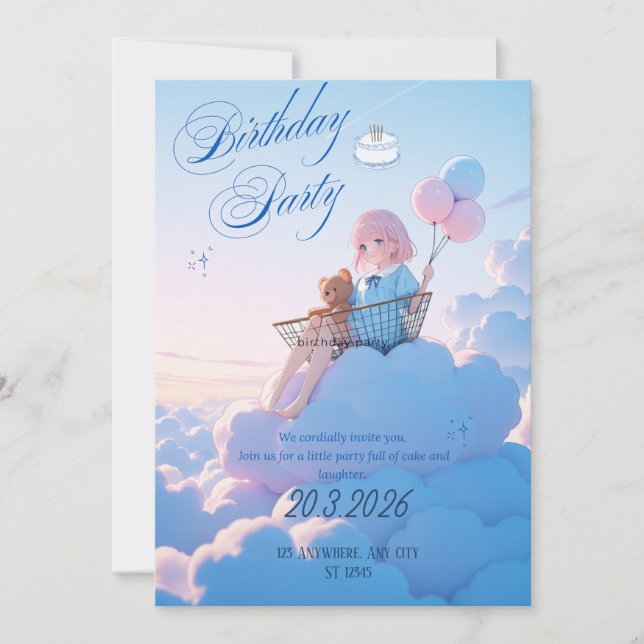 Invitación de Cumpleaños del Cielo Pastel Adorable (Anverso)
