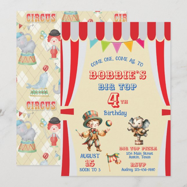 Invitación de cumpleaños del circo Big Top (Anverso / Reverso)
