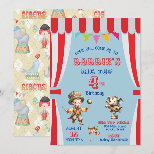 Invitación de cumpleaños del circo Big Top (Anverso / Reverso)