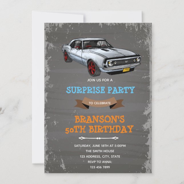 Invitación de cumpleaños del coche Retro Camaro (Anverso)