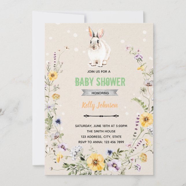 Invitación de cumpleaños del conejo de flores de p (Anverso)