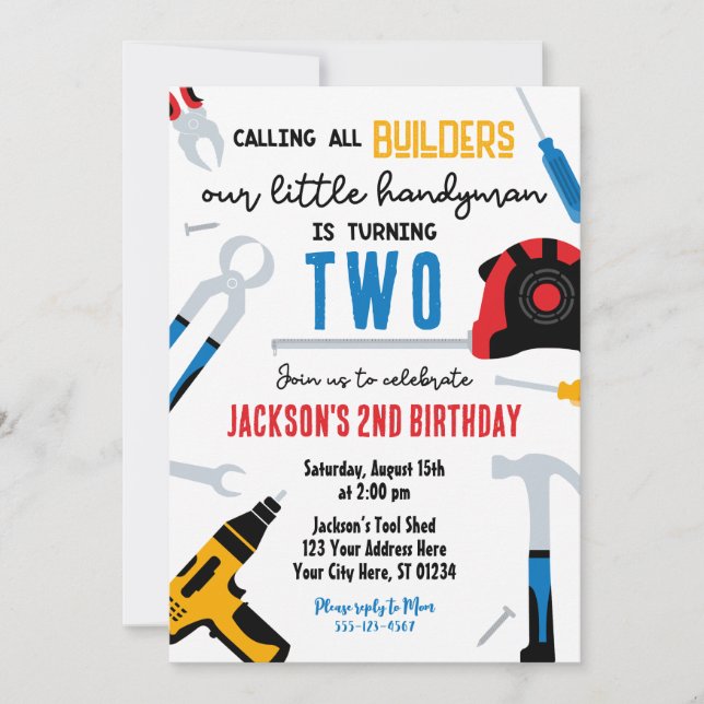 Invitación de cumpleaños del constructor, Handyman (Anverso)