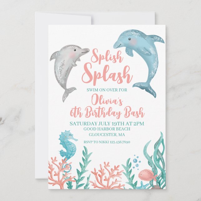 Invitación de cumpleaños del delfín bajo el mar (Anverso)