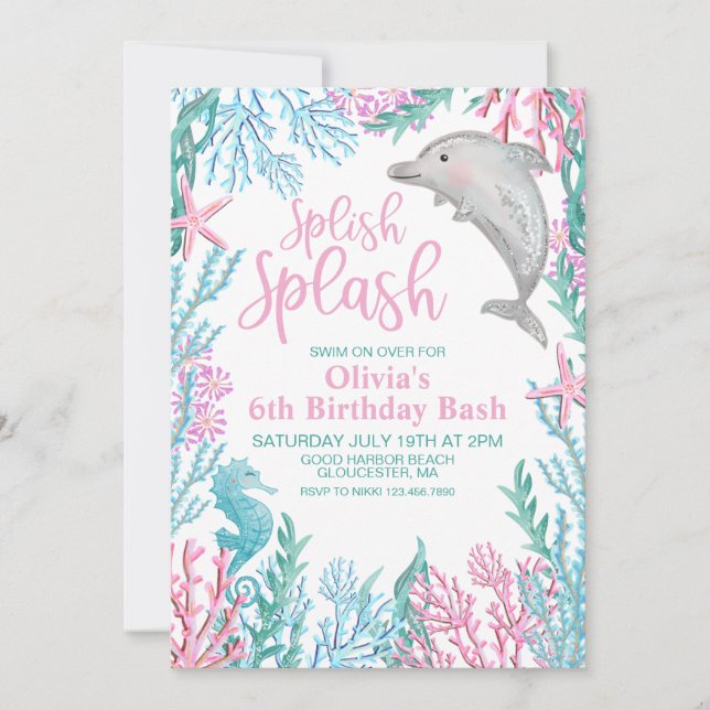 Invitación de cumpleaños del delfín bajo el mar (Anverso)