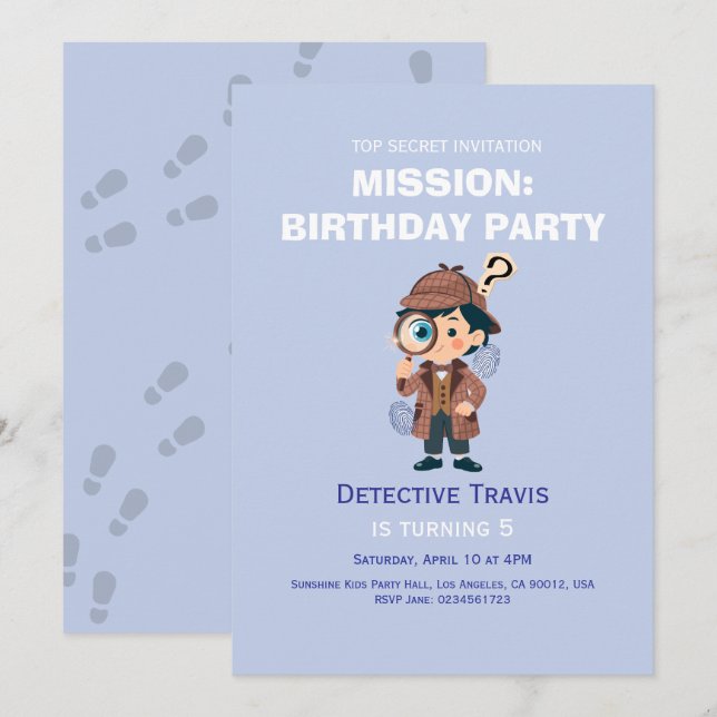 Invitación de cumpleaños del detective lindo niño (Anverso / Reverso)