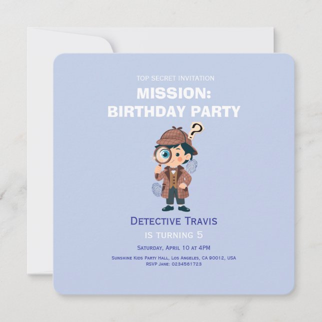 Invitación de cumpleaños del detective lindo niño (Anverso)