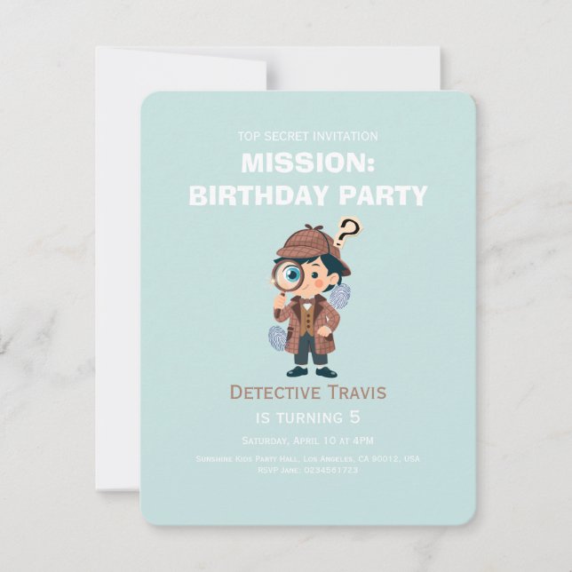 Invitación de cumpleaños del detective lindo niño (Anverso)