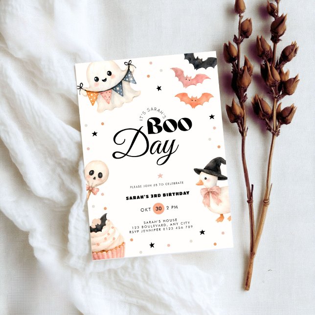 Invitación de cumpleaños del Día de Brujas Boo  (Halloween boo day 3rd birthday invitation for boys and girls)
