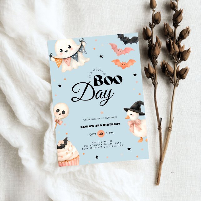 Invitación de cumpleaños del día de Halloween azul (Boys blue halloween boo day 3rd birthday invitation)