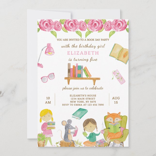 Invitación de cumpleaños del Día del Libro (Anverso)