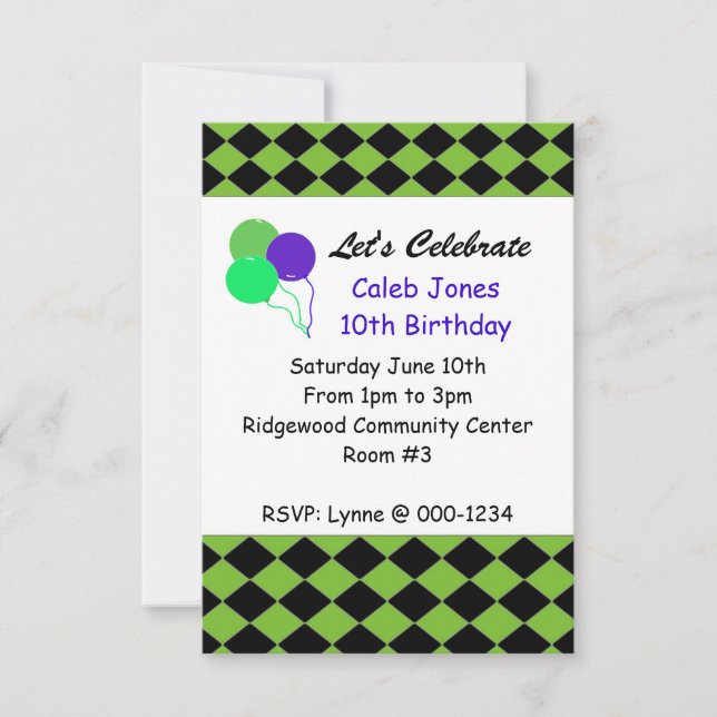 Invitación de cumpleaños del diamante negro y verd (Anverso)