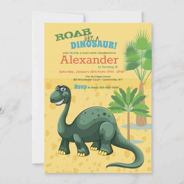 Invitación de cumpleaños del Dino sonriente (Anverso)