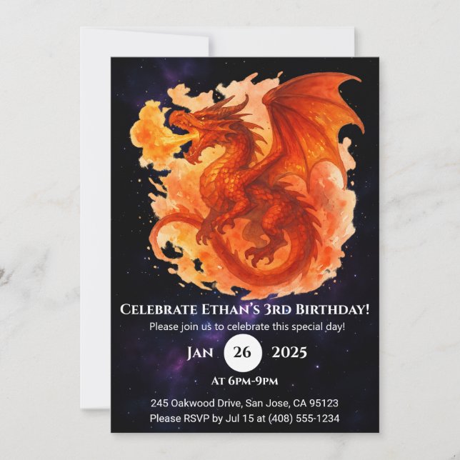 Invitación de cumpleaños del dragón de llama cósmi (Anverso)